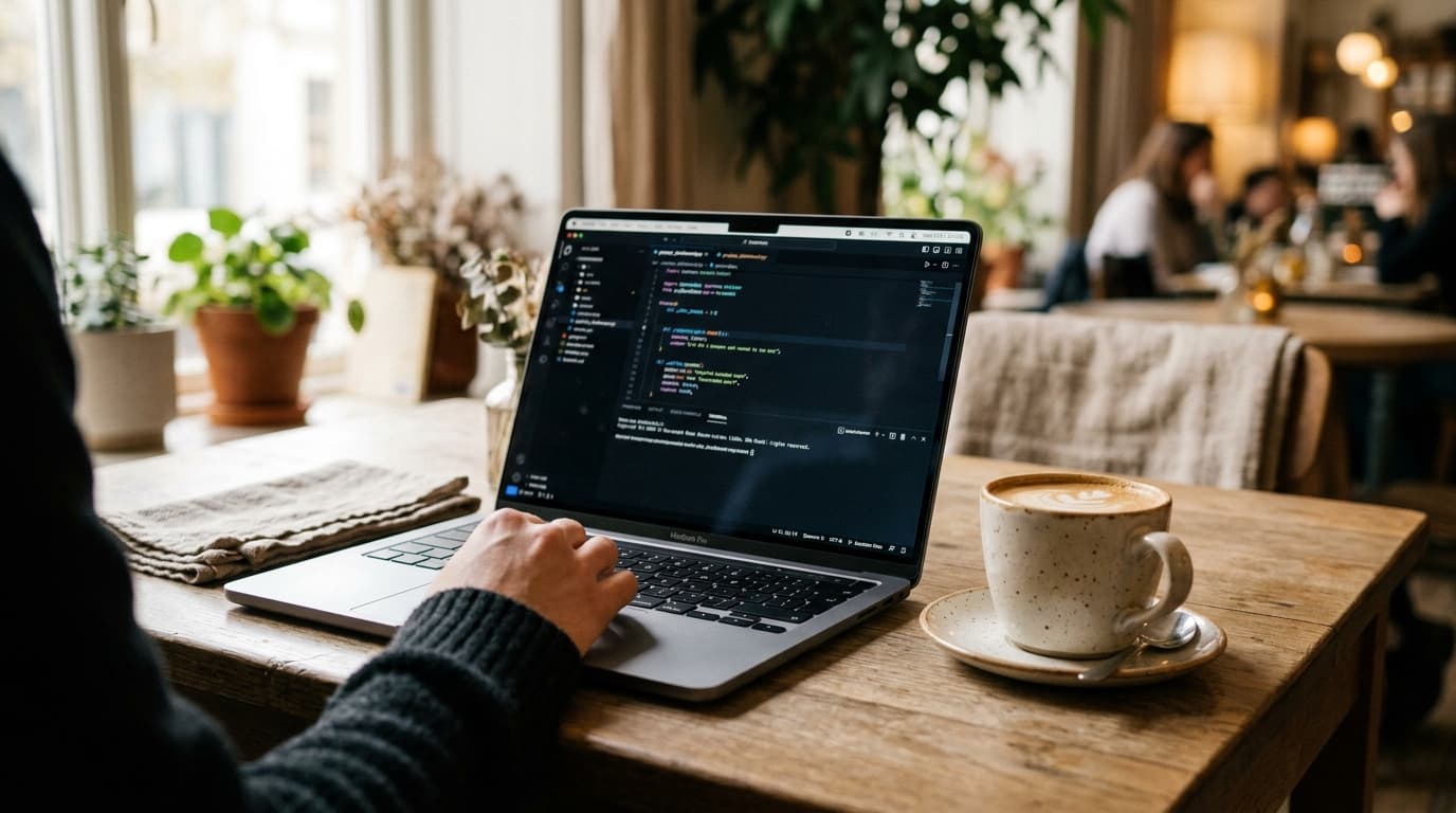 Trabajando en una cafetería tranquila con MacBook y café