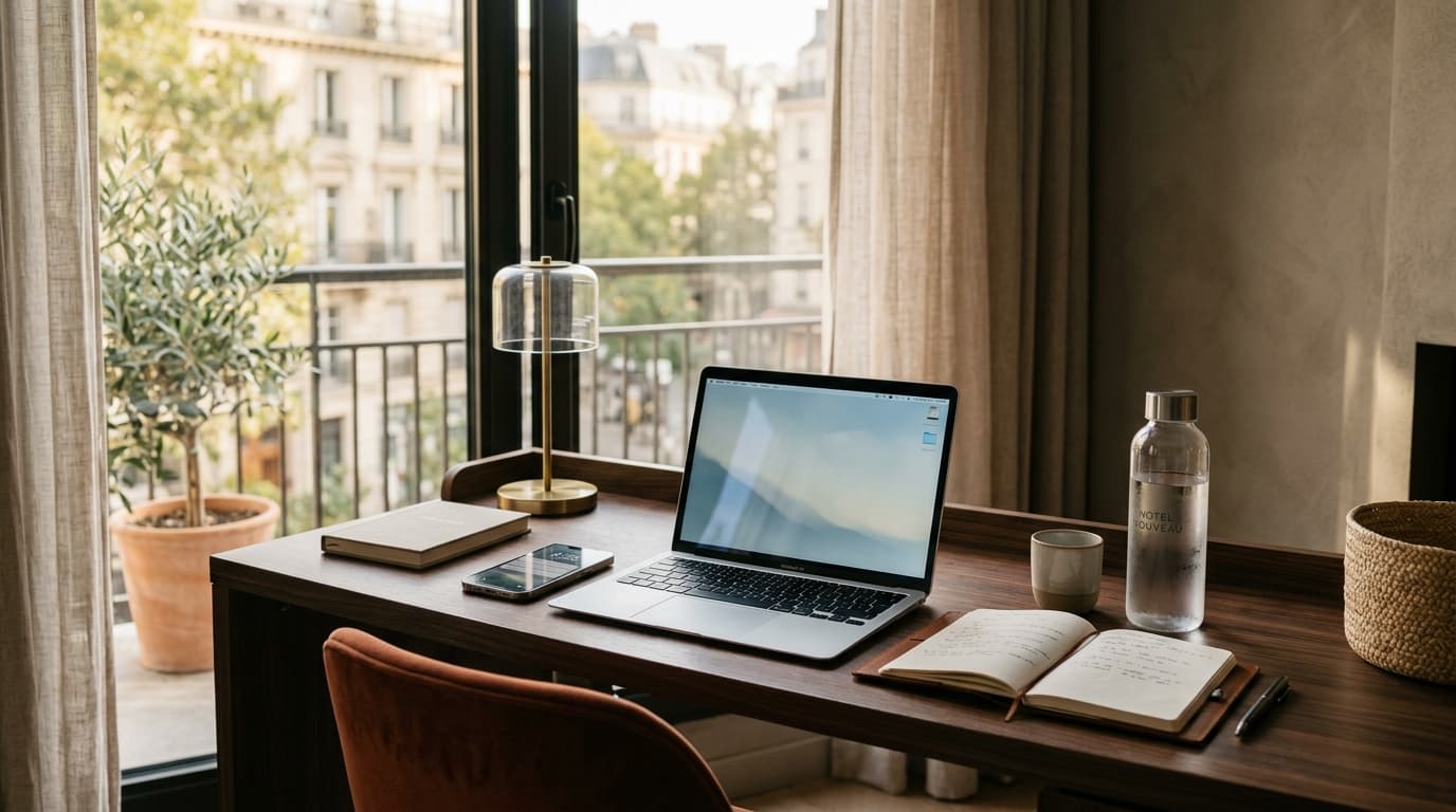 Escritorio minimalista en un hotel con luz de tarde y portátil
