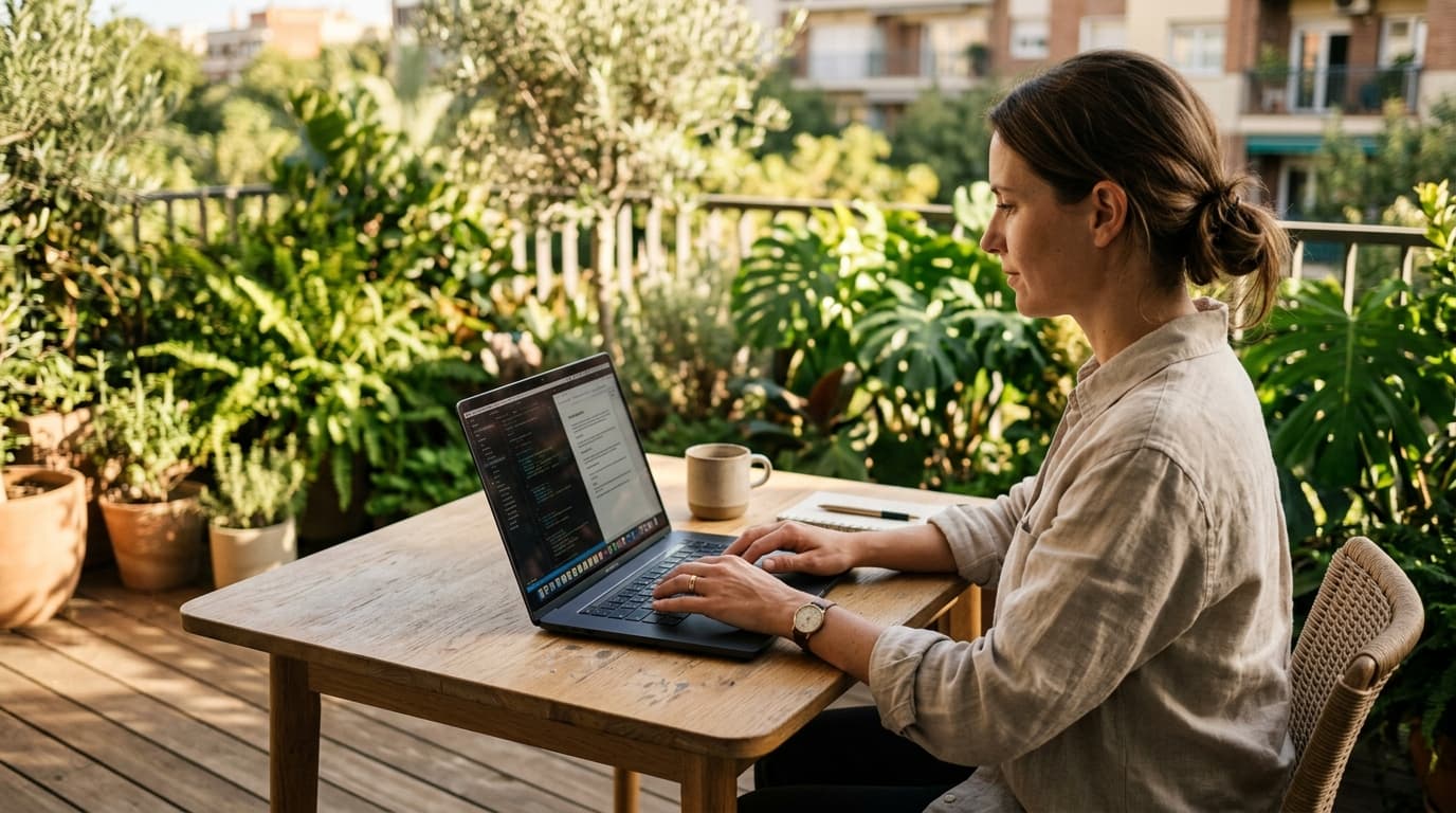 Trabajando en una terraza al aire libre rodeada de plantas