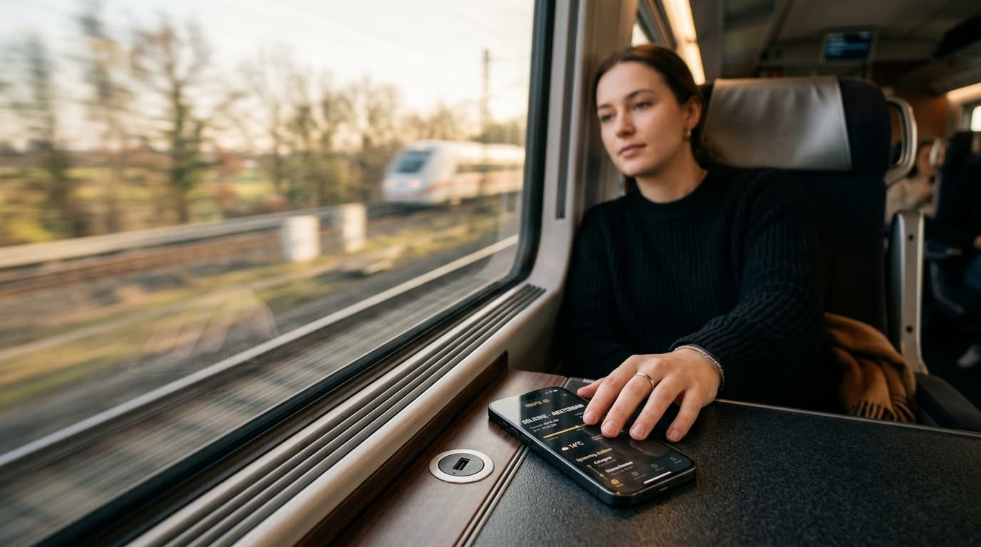 Persona utilizando iPhone en un tren de alta velocidad junto a la ventana